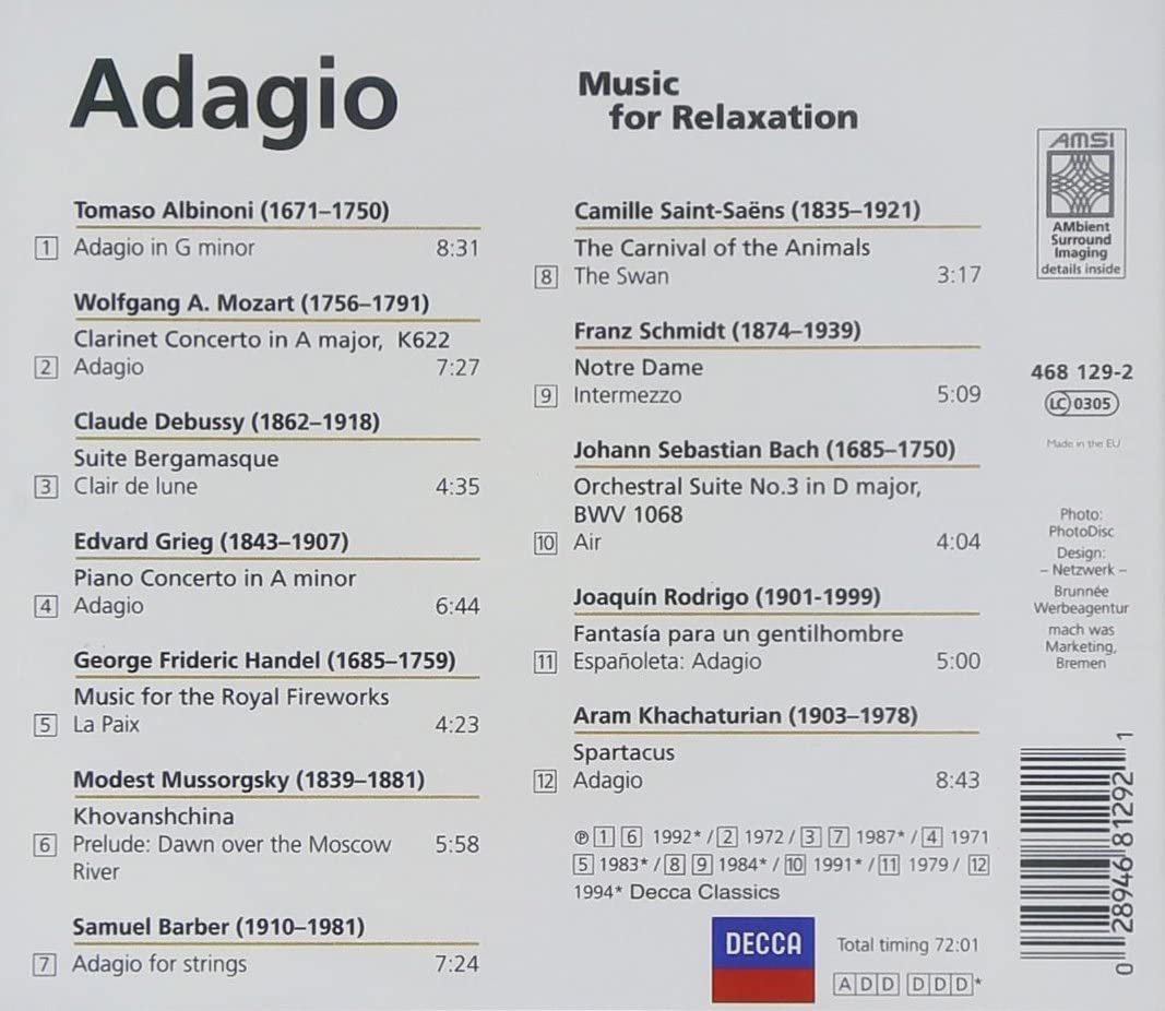 Adagio: Music For Relaxation [Audio CD] Various Composers, Aram Il'Yich Khachaturian and André Previn