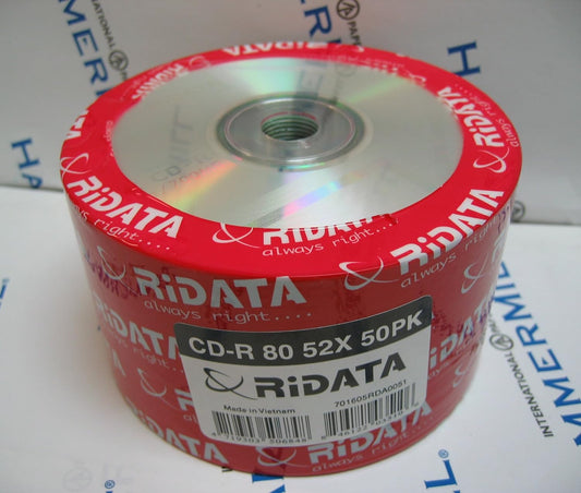 50 Pk Ridata Ritek 52X 80MIN 700MB Blank CD CDR Media Silver Full Logo Surface